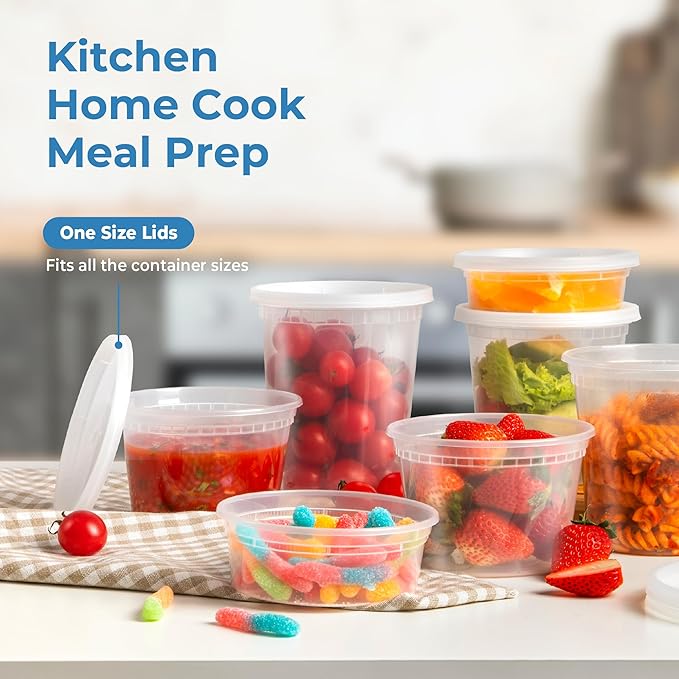 Fit Meal Prep 36 Pack 8 16 32 oz Deli Containers with Lids, US Made Leakproof Quart Containers with Lids, Clear Plastic Food Storage Container with Lid, Microwave Freezer Safe Meal Prep Container