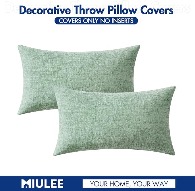 MIULEE Pack of 2 Couch Throw Pillow Covers 12x20 Inch Soft Greyish Green Chenille Pillow Covers for Sofa Living Room Solid Dyed Pillow Cases