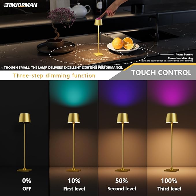 Timjorman Compact Cordless Table Lamp, Rechargeable LED Night Light, Dual Light Source (RGB Top & Warm Bottom), Touch Control & Timer, Metal Lamp for Bedroom & Kids Room (Golden 1-Pack)