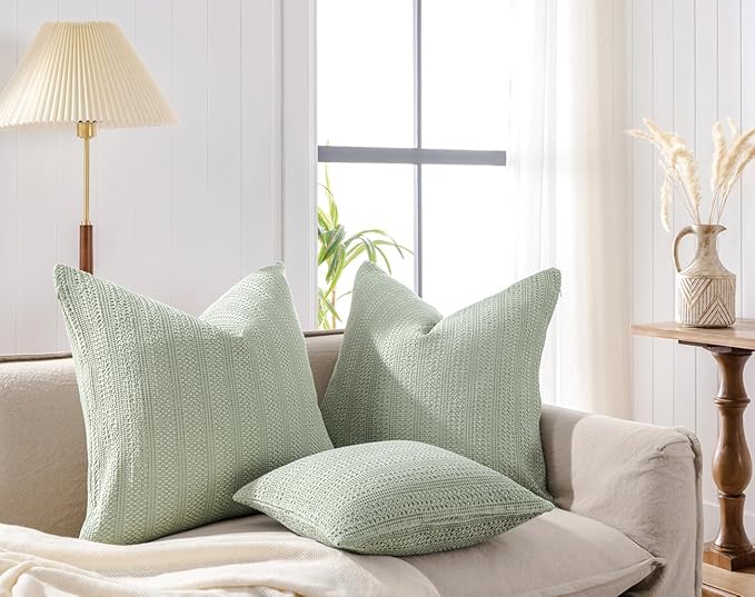 COCOPLOCEUS Sage Green Pillow Covers 18x18 Boho Throw Pillow Covers Set of 2 Decorative Pillow Shams Stone Washed Cotton Pillowcase for Couch Sofa Chair Bed Car