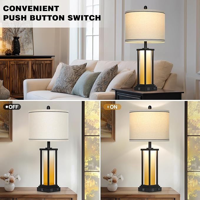 luxeflow 27in Tall Farmhouse Table Lamp Set of 2 with USB C+A & Outlet,Orange Industrial End Table Lamp for Living Room,Vintage Rustic Bedside Lamps with Night Light for Bedroom Nightstand