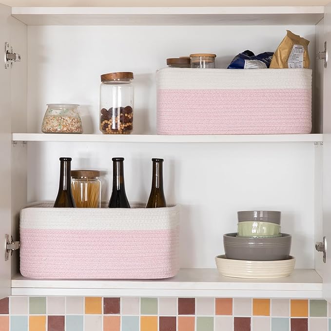 OIASKET Storage Baskets for Organizing 3 Pack, Woven Baskets for Shelves, Closet Organizer Bins Empty Gift Basket Toy Storage for Toys, Books, Towels, Clothes, 15"x11.42"x6.7", Pink