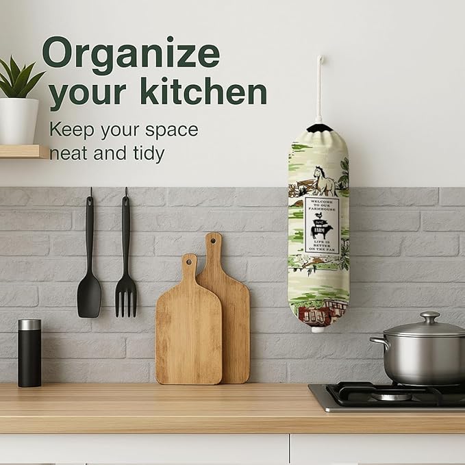 Farmhouse Plastic Bag Holder for Kitchen Essentials, Cartoon Animal Plastic Bags Holder, Reusable Hanging Trash Sack Dispenser, Wall Mount Plastics Sack Storage Container Dispenser