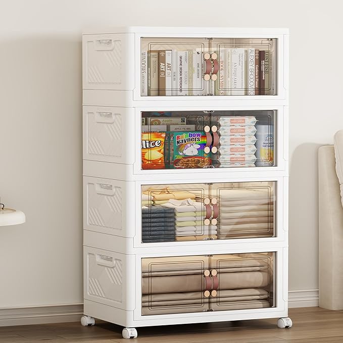 SAILUN 220QT/55Gal Stackable Storage Bins with Lid, Collapsible Storage Bins With Doors and Wheels, Folding Plastic Cabinet Containers for Home Kitchen Closet Organization, 4 Pack