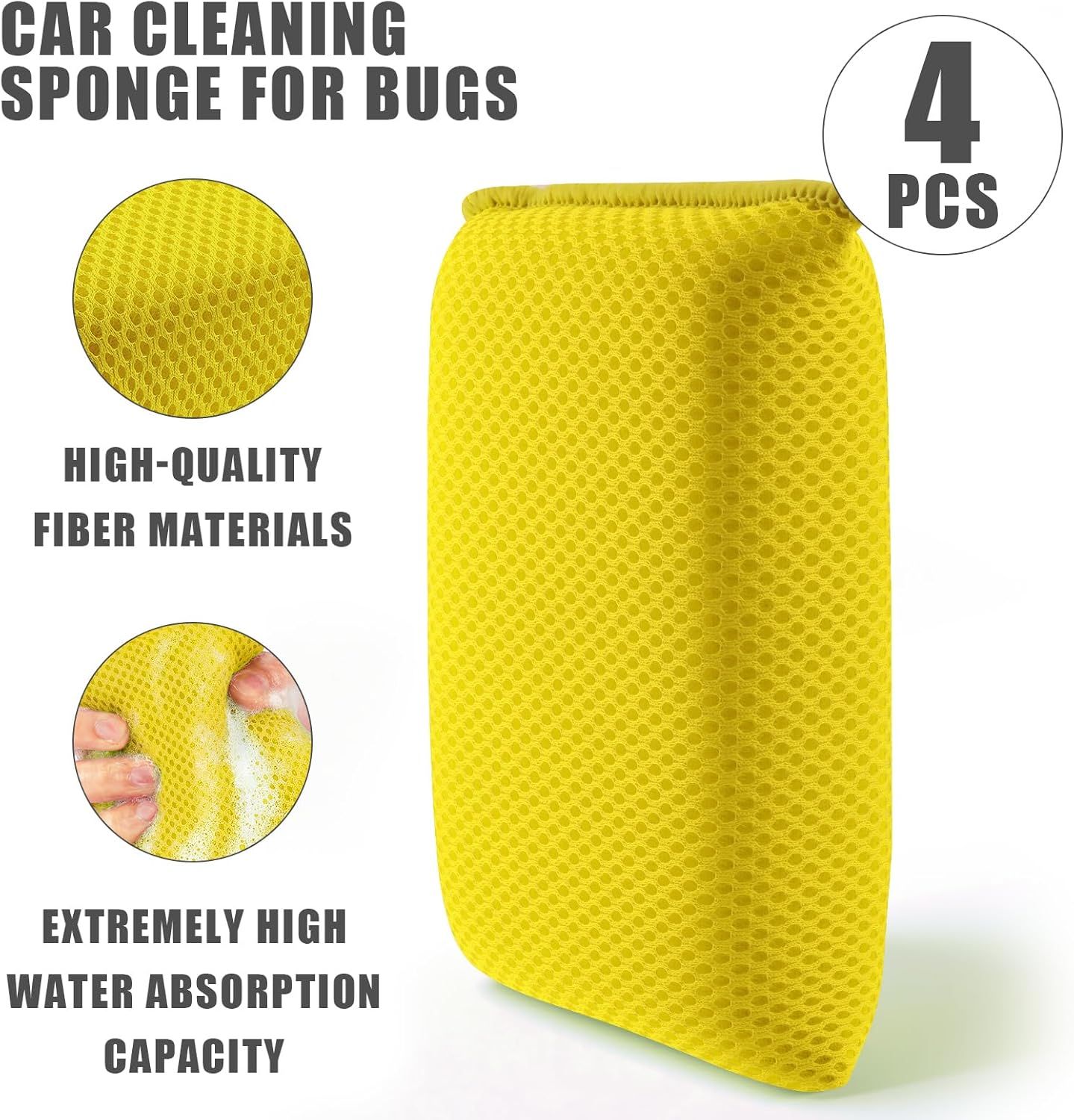 4 PCS Bug Scrubber Sponge Car, Bug Remover Wash Sponge，Car Cleaning Sponge for Bugs, Tar, Grime - Paint-Safe, Reusable Wash Sponges Kit(Yellow)