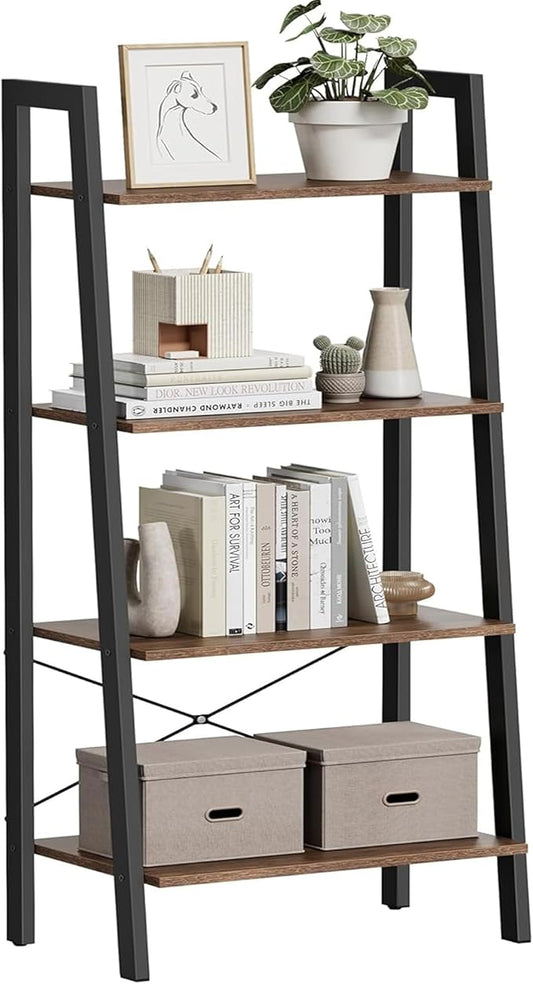 VASAGLE Ladder Shelf, 4-Tier Bookshelf, Storage Rack, Bookcase with Steel Frame, for Living Room, Home Office, Kitchen, Bedroom, Industrial Style, Hazelnut Brown and Ink Black ULLS044B03
