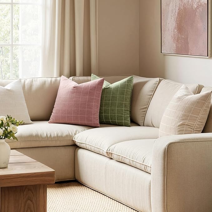 MIULEE Valentines Decorative Chenille Throw Pillow Covers Vintage Plaid Couch Pillows 20x20 Inch Set of 2 Boho Farmhouse Cushion Covers Modern Spring Home Decor for Sofa Bed Living Room Blush Pink