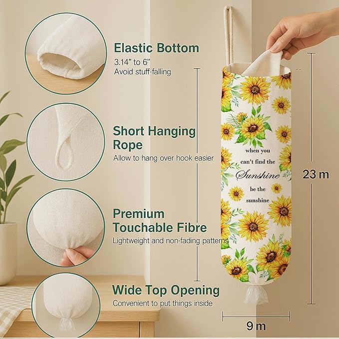 Sunflower Plastic Bag Holder, Inspirational Plastic Bag Holder for Kitchen Essentials, Floral Trash Sack Storage Dispenser for Home Decor, Kitchen Gifts to Women Family Friends Grandma Mom