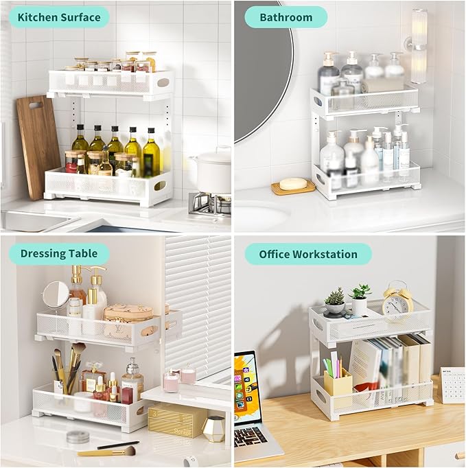 Under Sink Organizer, 1 Pack 2 Tier Metal Slide Out Pull Out Cabinet Organizer Shelf, Height Adjustable Organization and Storage Series, Bathroom/Desktop/Cabinet/Kitchen organization, White