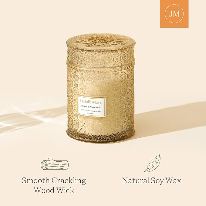 LA JOLIE MUSE Ginger & White Musk Candle | Ginger, Lemongrass & Musk | 19 oz Wooden Wick | Natural Soy Wax | 90 Hours Clean Burn | Gift-Ready for Hosts & Gathering| Seasonal Home Décor