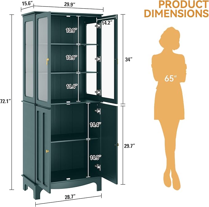 72" Tall Kitchen Pantry Cabinet with Glass Door and Adjustable Shelves, Vintage Food Storage Cabinet for Kitchen, Dining Room, Living Room, Teal