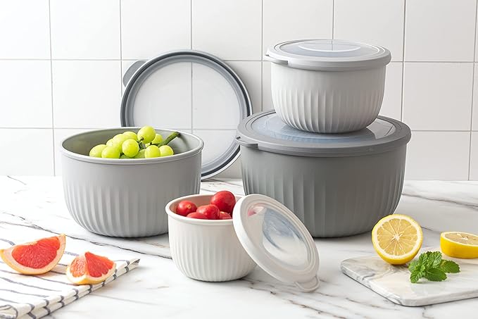 COOK WITH COLOR Prep Bowls with Lids- Wide and Deep Nesting Plastic Small Mixing Bowl Set with Lids, 8 Piece Set - Deep Bowls, Gray