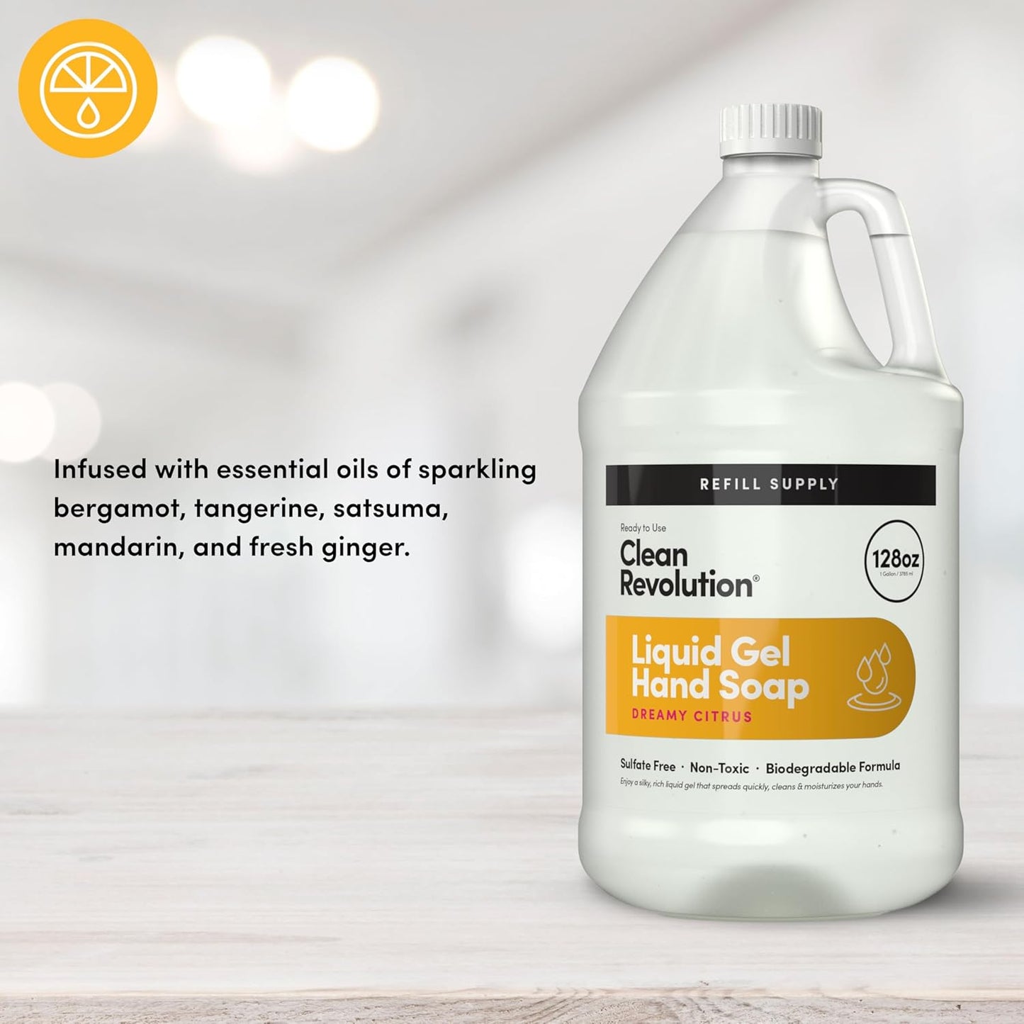 Clean Revolution Liquid Gel Hand Soap, Silky Rich Liquid, Quick Lather, Fast Rinsing, Contains Real Essential Oils (Dreamy Citrus) 128 Fl Oz