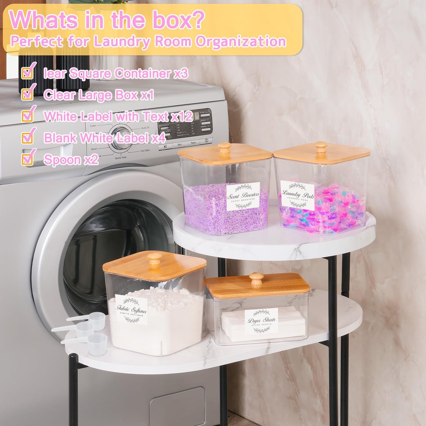 efluky 4 Pack Laundry Pods Container & Dryer Sheet Holder Set,Clear Laundry Room Organization Containers with Bamboo Lids and Labels,Laundry Pods Holder for Scent Booster,Powder,Pod