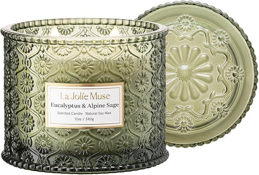 LA JOLIE MUSE Eucalyptus & Apline Sage Scented Candle | Eucalyptus, Sage, Lavender | 12 oz Double Cotton Wick Soy Candle | 60 Hours Clean Burn | Daily Relaxation & Cozy Ambiance | Elegant Home Decor