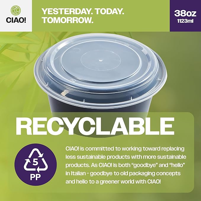 CIAO! Heavy Weight 38oz Injection Molded Microwavable Black Round Food Container with Lid (150/case)