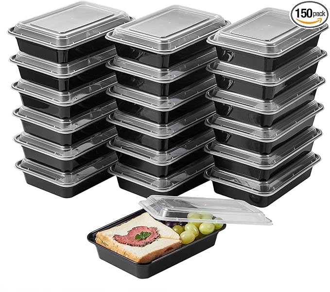 FULING 150 Pack Meal Prep Plastic Food Storage Containers With Lids 28 oz 1 Compartment Black Rectangular Reusable To Go Lunch Prepping Boxes BPA-Free Microwavable Freezer Dishwasher Safe Stackable
