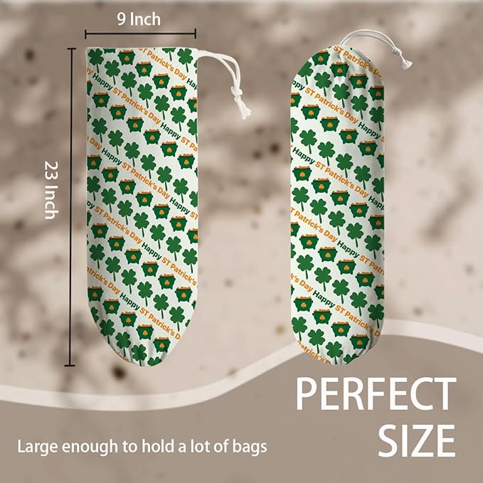 Plastic Bag Holder, Wall Mount Grocery Sack Organizer Dispenser, Washable Cotton-Linen Storage with Hanging Loop, St. Patrick’s Day Pot of Gold, Clover & "Happy St. Patrick's Day" Design for Kitchen