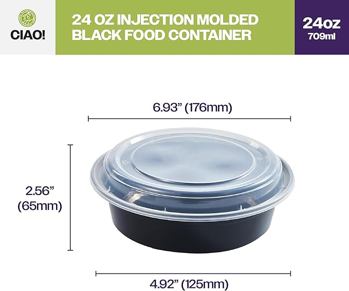 CIAO! 24oz Heavy Weight Injection Molded Microwavable Black Round Food Container with Lid (150/case)