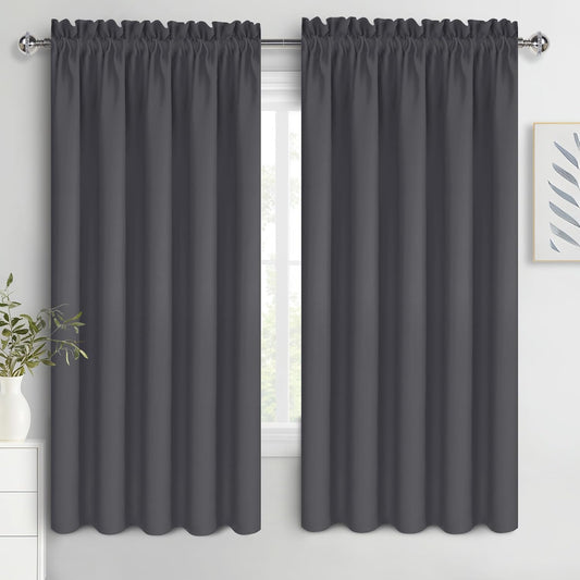 DWCN Bedroom Blackout Curtains 70 x 63 Inches Length 2 Panels Set, Solid Thermal Insulated Energy Saving Rod Pocket Window Treatment Curtains Blackout Drapes (W70 x L63 Inch, Dark Grey)