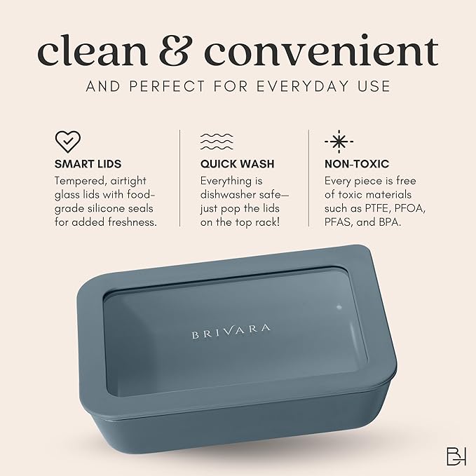 Ceramic Coated Glass Food Storage Container | No PTFE, PFOA, PFAS, and BPA | Reusable Non Toxic Meal Prep Container with Glass Lid | Easy To Store | 3 Cup Rectangle [Dusk]