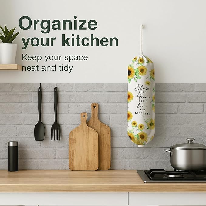 Sunflower Plastic Bag Holder, Bless This Home with Love And Laughter Plastic Bag Holder, Christian Inspirational Gift for Women Plastics Bags Holders with Bible Verses, Reusable Trash Bags Organizer