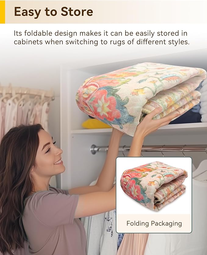 RELEANY Area Rugs Square 4ft Washable Non-Slip, Floral Vintage Distress Print Pattern Medallion Carpet for Living Room Bedroom Dining Room, Light Pink Colorful