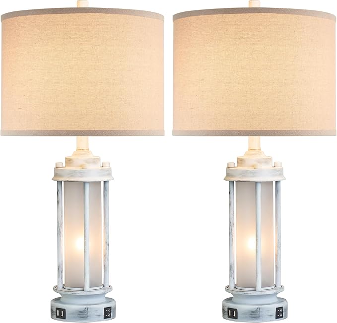 AIEAMPDO 25" Rustic Table Lamps Set of 2, Vintage Nightstand Lamps with 2 USB Ports, Farmhouse Antique White Desk Lamp with Glass Night Light for Living Room Bedroom Dorms, 4 Bulbs Included