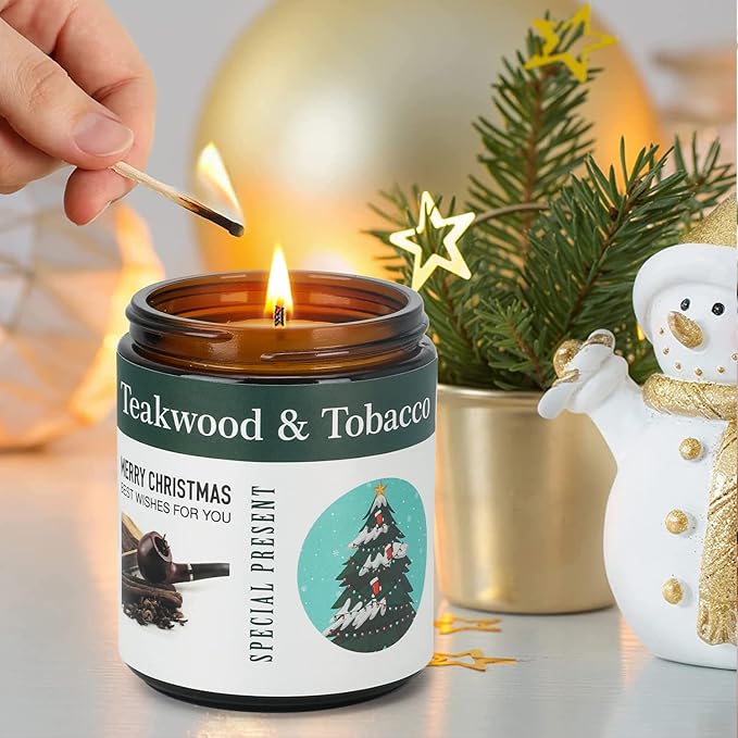 4-Pack Christmas Candles for Home Scented,7.1 oz Soy Wax Holiday Gifts Set with Festive Stickers - Kaki Persimmon, Lavender, Teakwood Tobacco, Bonfire Marshmallow for Home Decor, Aromatherapy