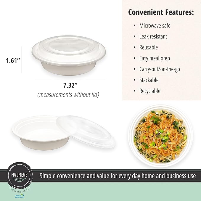 MULMEHË Plastic Food Storage Take-Out Container and Lid Combo, 24 oz, Microwaveable, Round, White, 7x1.5”, Set of 150