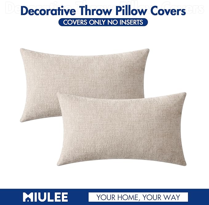 MIULEE Pack of 2 Couch Throw Pillow Covers 12x20 Inch Soft Light Brown Chenille Pillow Covers for Sofa Living Room Solid Dyed Pillow Cases
