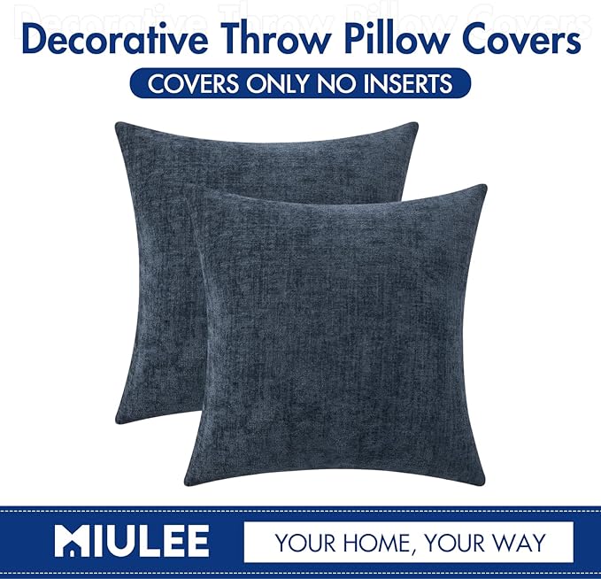 MIULEE Pack of 2 Navy Blue Throw Pillow Covers 16x16 Inch Soft Chenille Pillow Covers for Sofa Living Room Couch Solid Dyed Cases