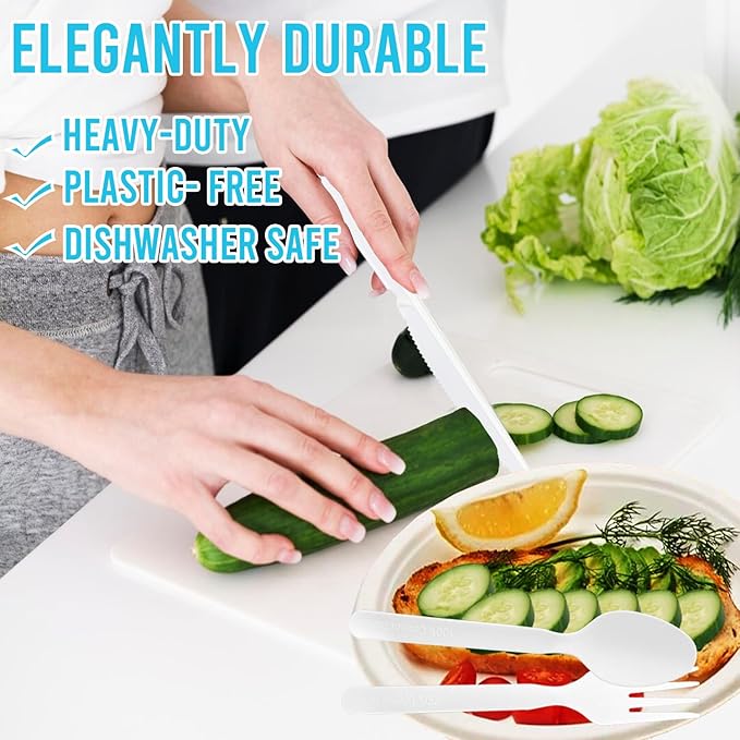 500 Count Compostable Disposable Non Plastic Silverware, Heavy Duty Biodegradable Forks Spoons Knives Cutlery Set, Eco Friendly Recyclable Flatware Utensils for Party Wedding Daily Use