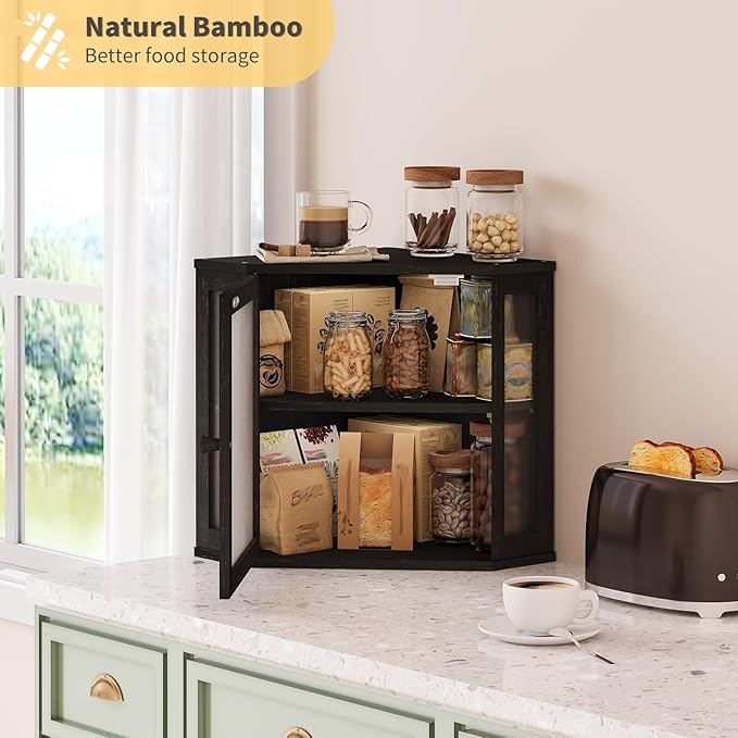 Corner Bread Box for Kitchen Countertop,Bread Storage for Homemade Bread, Double Layer Large Bamboo Kitchen Storage Bin with Window (Black, Medium)