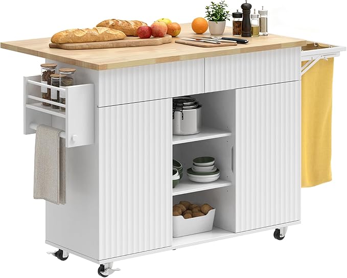 Kitchen Island with Storage, Rolling Kitchen Island on Wheel with Drop Leaf, Foldable Trash Bag, Spice Rack, Towel Bar, Storage Cabinet, Drawer, Kitchen Cart Island Table for Kitchen, White