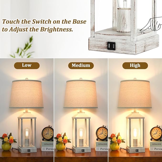 28" Farmhouse Table Lamps for Living Room Set of 2, 3-Way Dimmable Bedside Lamp with USB Ports, White Rustic Touch Control Nightstand Lamps for Bedroom, Modern Desk Lamp for Office, 4 Bulbs Included
