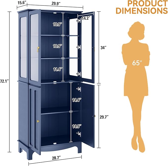 72" Tall Kitchen Pantry Cabinet with Glass Door and Adjustable Shelves, Vintage Food Storage Cabinet for Kitchen, Dining Room, Living Room, Dark Blue