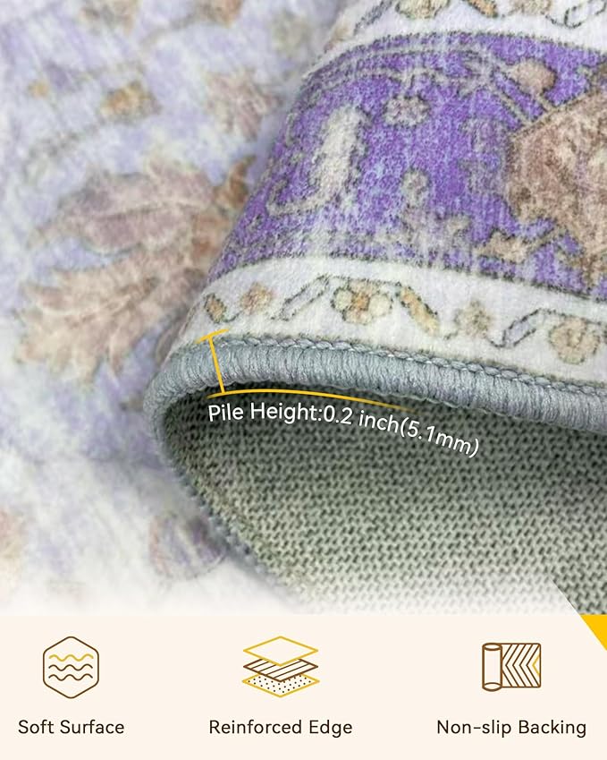 RELEANY Area Rugs 2'x10' Runner Rug Non Slip Washable for Kitchen Hallway Bedroom Beside Laundry Room Bathroom Rug, Floor Carpet, Light Purple Brown