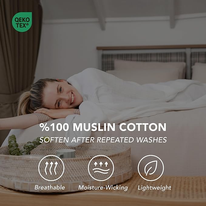 Goqan Muslin Throw Blanket 55x60 – 100% Turkish Cotton 4 Layer Boho Muslin Blanket for Adults, Four Season Blanket Lightweight and Thin, Soft, Breathable for Bed, Couch, Picnic - White