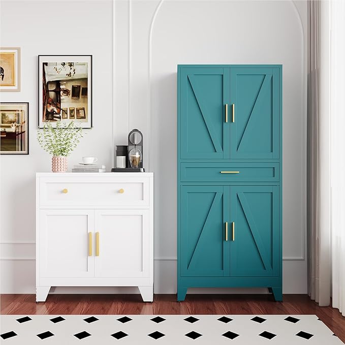 71" Pantry Cabinet in Blue, with 4 Doors & Center Drawer,Max Organization Storage Cabinet with Adjustable Shelves, Freestanding Farmhouse Storage Cupboard for Spacious Kitchen, Dining Room