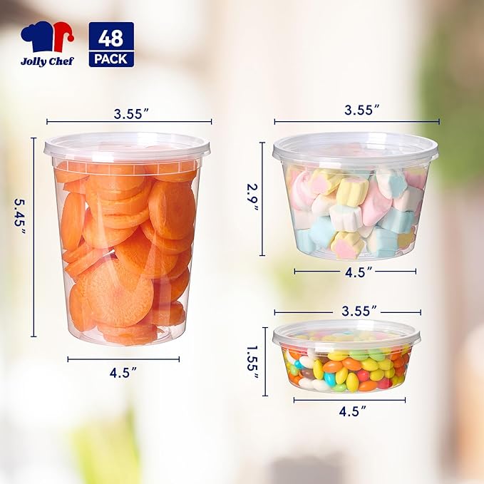 JOLLY CHEF Deli Food Storage Containers with Lids: [48 Sets 3 Sizes] 8 oz, 16 oz, 32 oz Plastic Soup Containers, BPA-free, leak-proof, Takeout Meal Prep Storage
