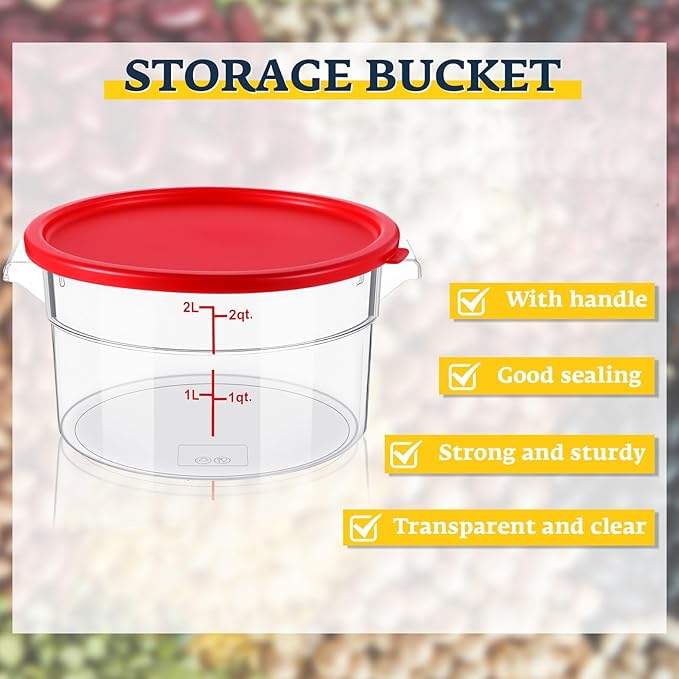 2 Pcs Dough Proofing Bucket with Lid, Round Food Storage Container 2 Qt Dough Bucket Clear Translucent Containers with Scale (Red)