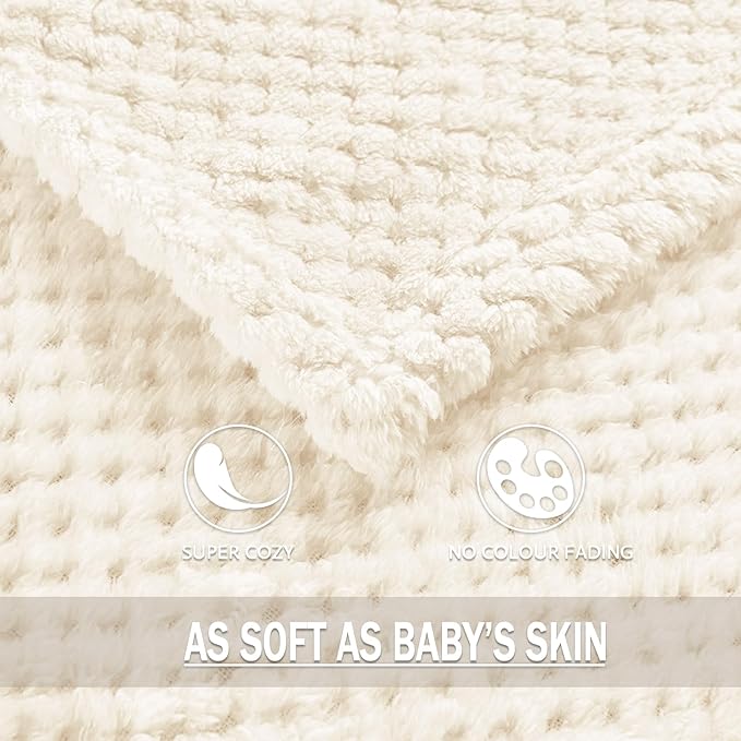 Exclusivo Mezcla Fleece Bed Blanket Twin Size, Super Soft and Warm Blankets for Couch, Sofa and Bed Waffle Textured, Cozy, Fuzzy and Lightweight (Ivory, 90x66 Inches)
