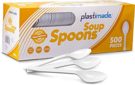 500 Count Extra Heavy duty Plastic Spoons, Disposable White Soup Spoon, Heavyweight Bulk Cutlery for Dinner, Events, Catering, Parties & Takeout