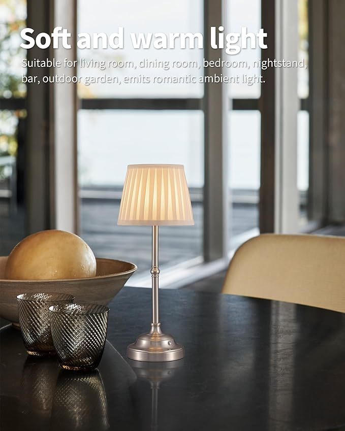 KDG Cordless LED Table Lamp Set of 2, Portables Fabric Shade Desk Lamps, 4000mAh Rechargeable Battery Powered Lighting, Dimmable Light for Dining Room, Bedroom, Bedside, Night Light, Balcony (Nickel)