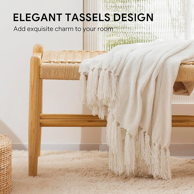 RECYCO Throw Blanket Soft Cozy Chenille Throw Blanket with Fringe Tassel for Couch Sofa Chair Bed Living Room Gift (Ivory White, 50" x 60")