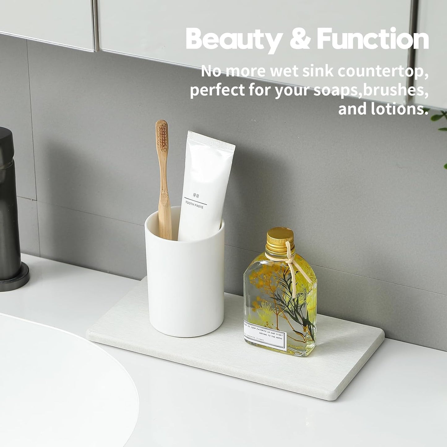 2PCS 10"x 5" Large Bathroom Sink Vanity Trays, Water Absorbing Diatomite Stone Quick Drying Mat for Kitchen Counter, Dish Rack Dispensers Sponge Holder Caddy Organizer, Beige, 10"x 5"