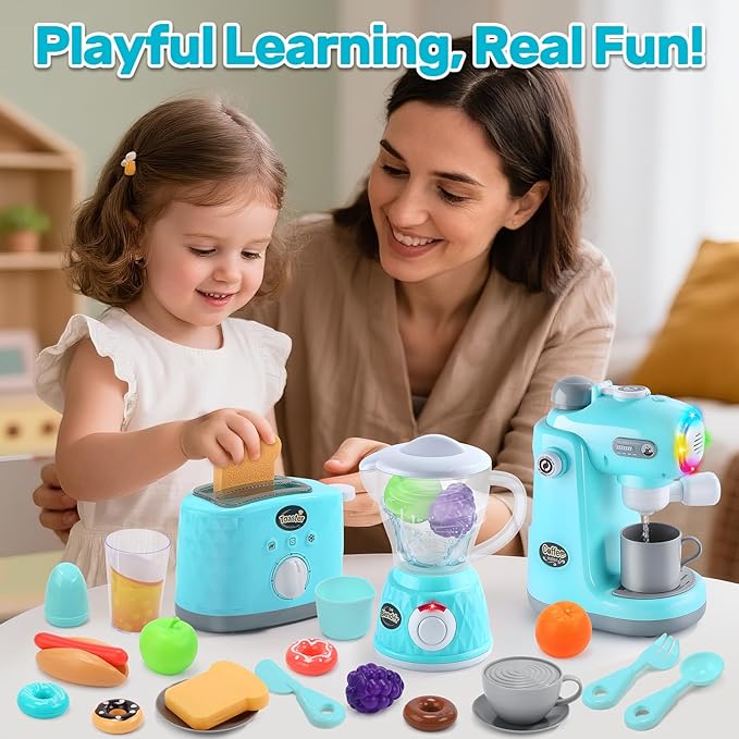 CUTE STONE Kids Kitchen Playset, Toy Kitchen Appliance Sets with Working Coffee Maker, Blender & Toaster, Realistic Sounds & Light, Includes Kids Kitchen Accessories & Play Food for Boys & Girls