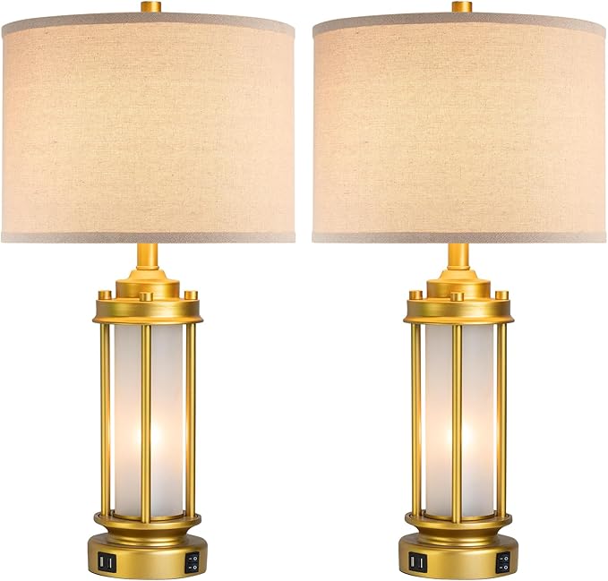 AIEAMPDO Set of 2 Modern Table Lamps for Living Room, Farmhouse Vintage Bedside Lamp with 2 USB Ports Glass Nightlight, Gold Nightstand Desk Lamps for Entryway Bedroom Dresser, 4 Bulbs Included