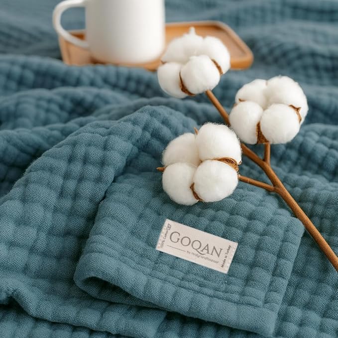 Goqan Muslin Blanket Queen 79x90 – 100% Turkish Cotton 4 Layer Boho Muslin Blanket for Adults, Four Season, Lightweight and Thin, Soft, Breathable for Bed - Teal